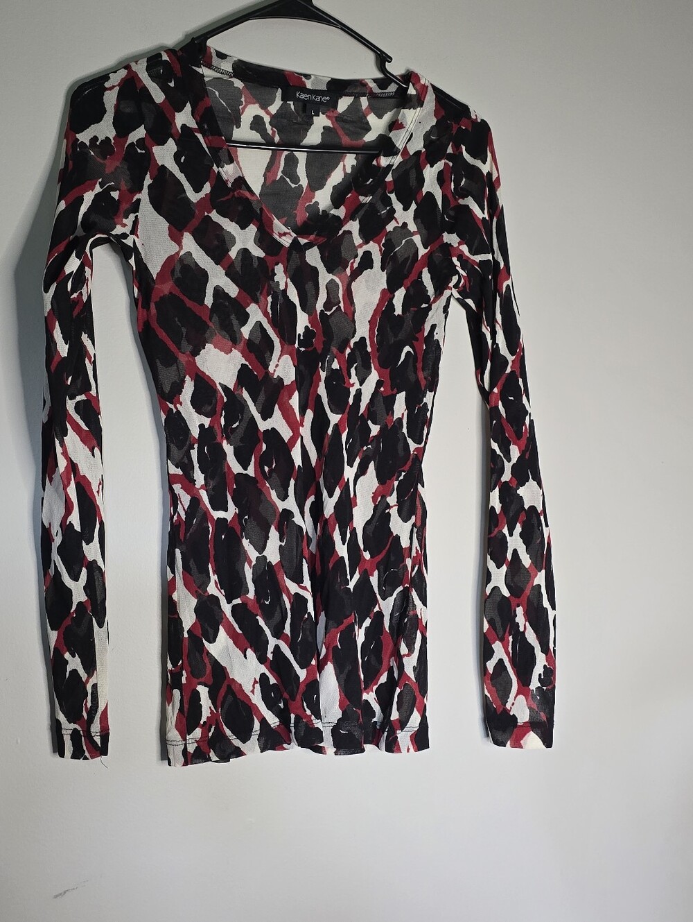 Karen Kane Sheer Long Sleeve V-Neck Top in Black, Burgundy & White